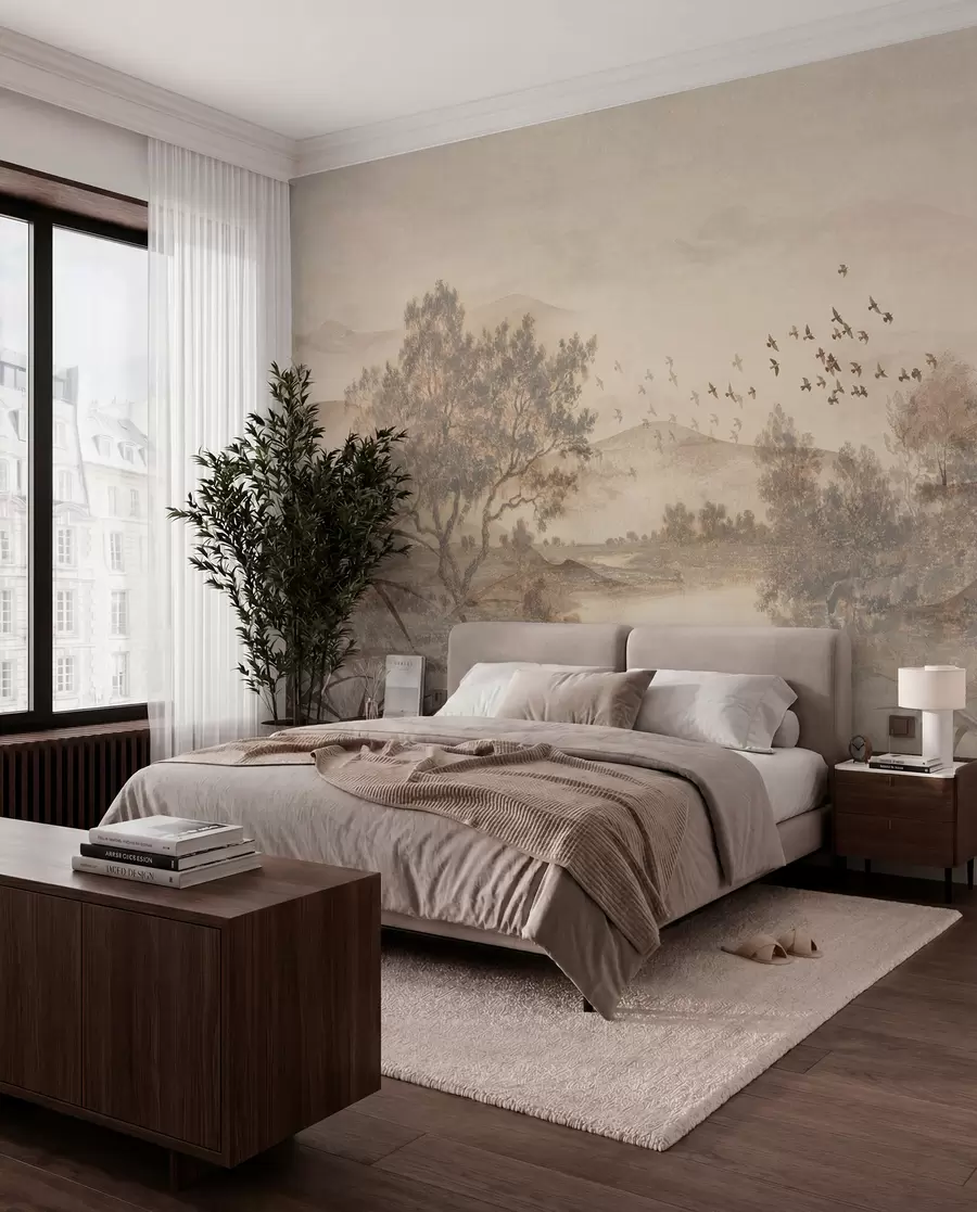 murales de pared Paisaje vintage texturizado con un árbol cerca de un río y un cielo nublado, arte de la naturaleza en tonos sepia w08920