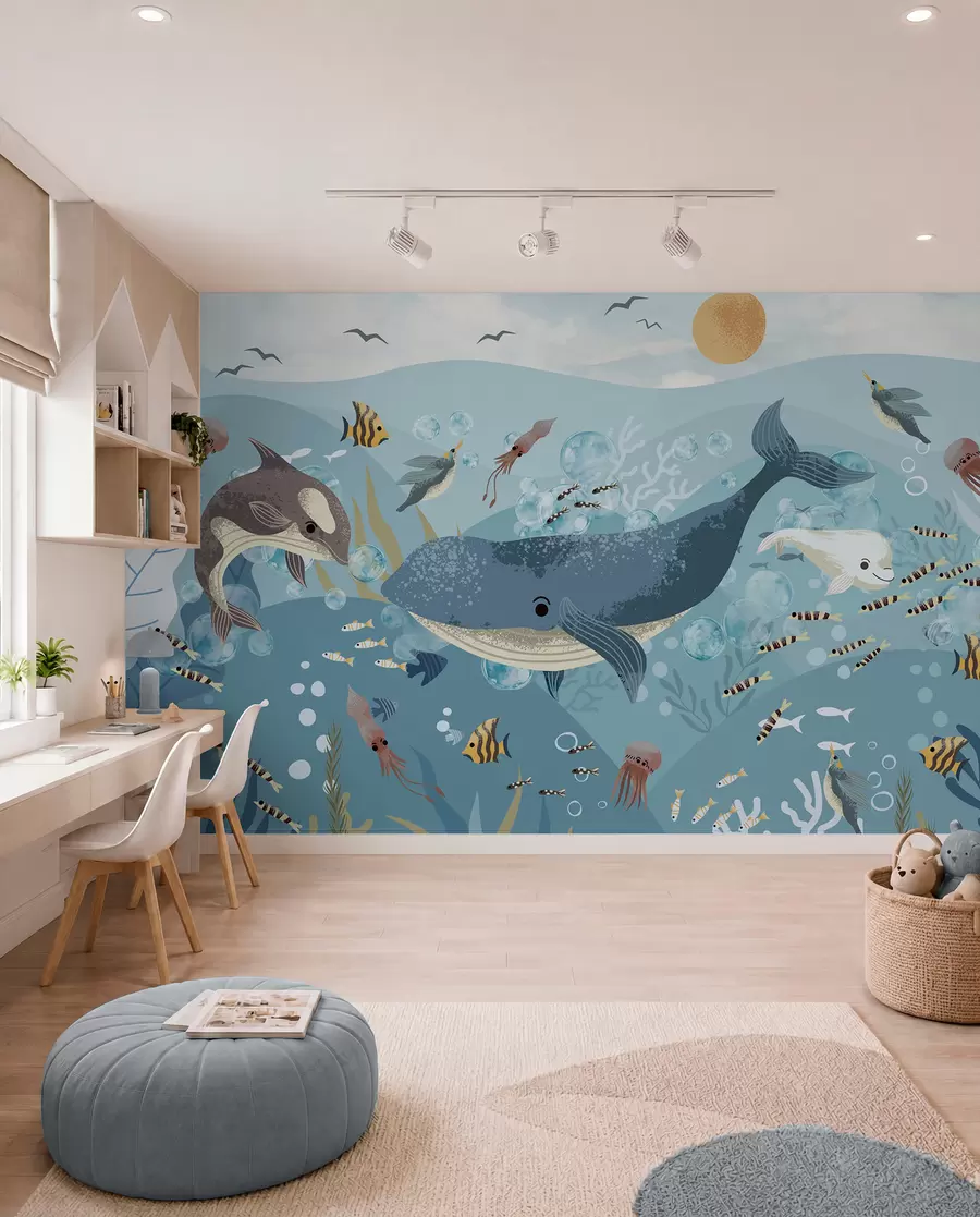 murales de pared Ballena azul bajo las olas w08921