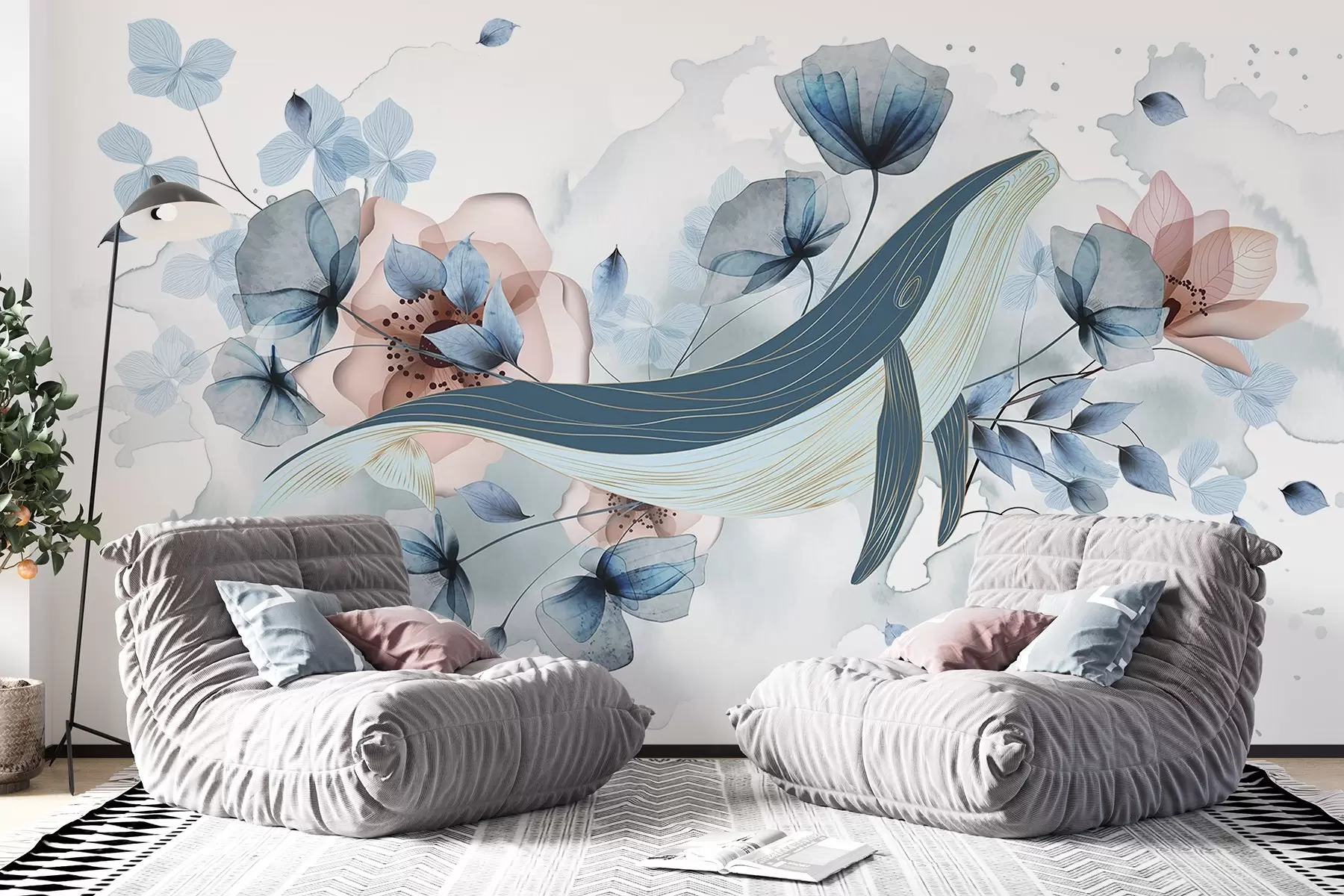 murales de pared Una ballena azul con flores, estilo acuarela, colores azul claro y rosa, fondo claro w08922
