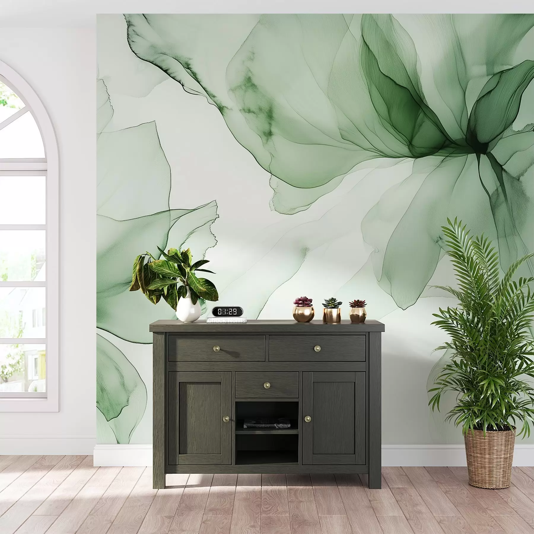 murales de pared Flores de estilo fluido, abstracción floral, acuarela, paleta de colores verdes w03406