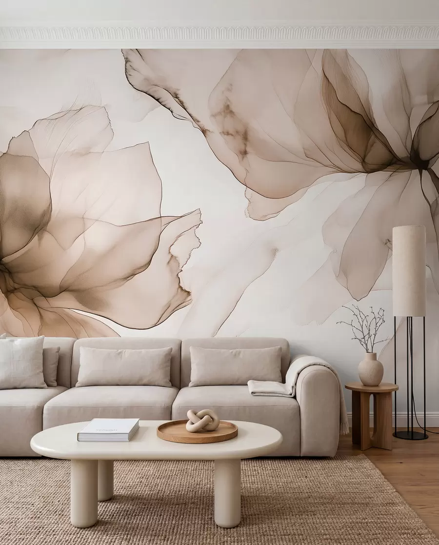 murales de pared Flores de estilo fluido, abstracción floral, acuarela, paleta de colores beige w03406v3