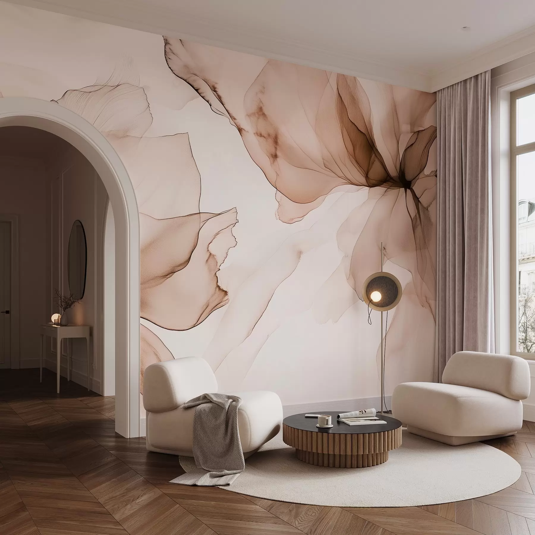 murales de pared Flores de estilo fluido, abstracción floral, acuarela, paleta de colores beige w03406v3