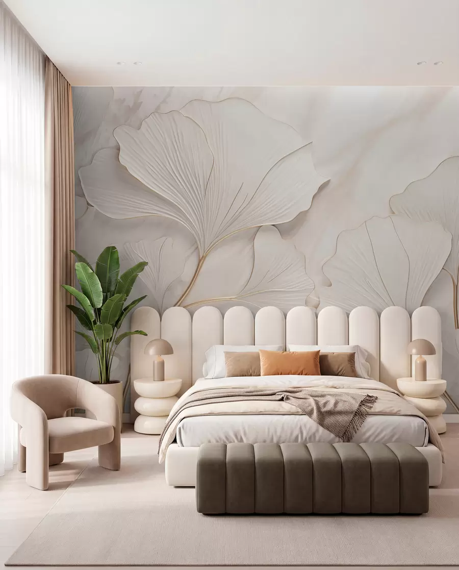 murales de pared Hojas pastel sobre fondo de mármol en tonos beige w03440v1