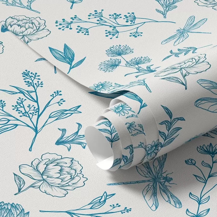 murales de pared Flores azules, hojas y libélulas sobre fondo blanco a00025