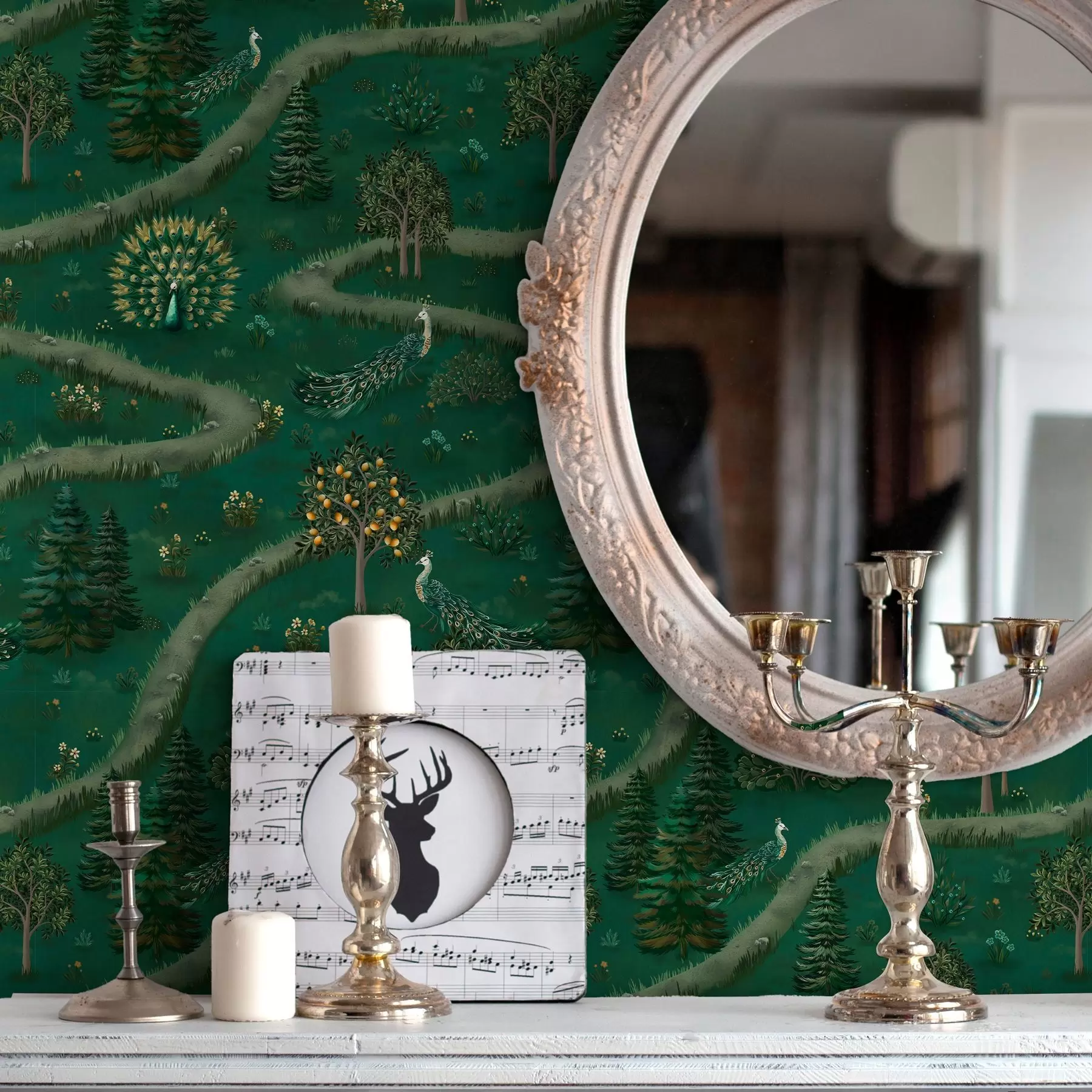 murales de pared Sendero sinuoso con pavos reales y limoneros a00041