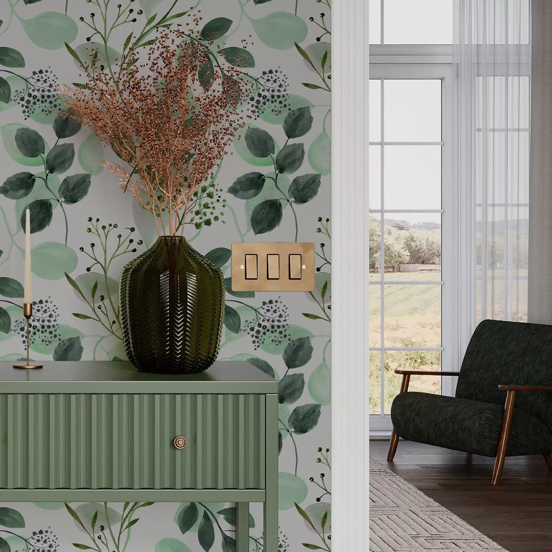 murales de pared Hojas de otoño en estilo acuarela en tonos verdes a00048v1