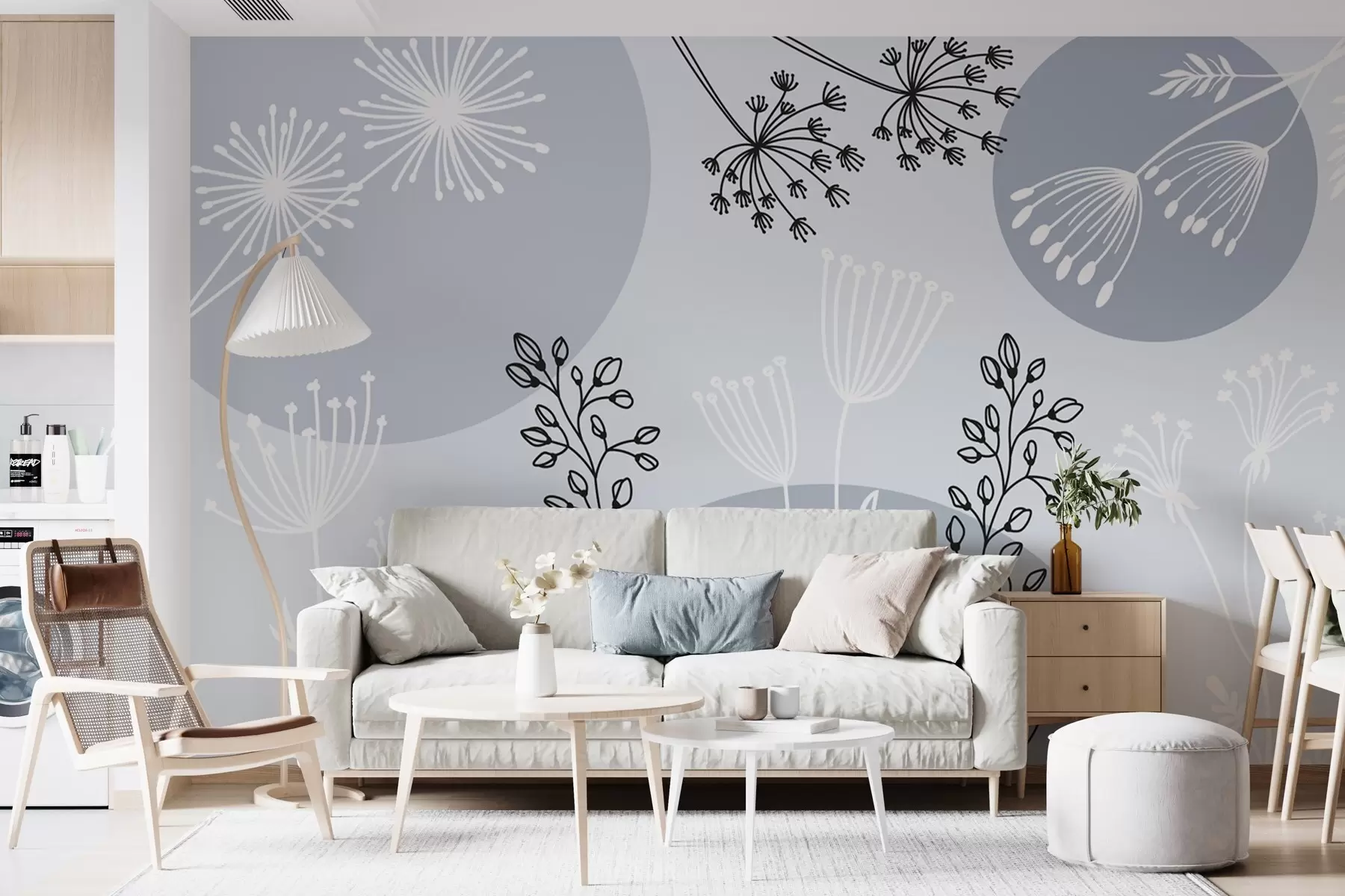 murales de pared Abstracción con círculos y plantas en tonos azules w03483v2