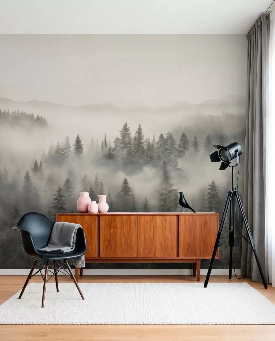 murales de pared Bosque de coníferas brumoso w03524