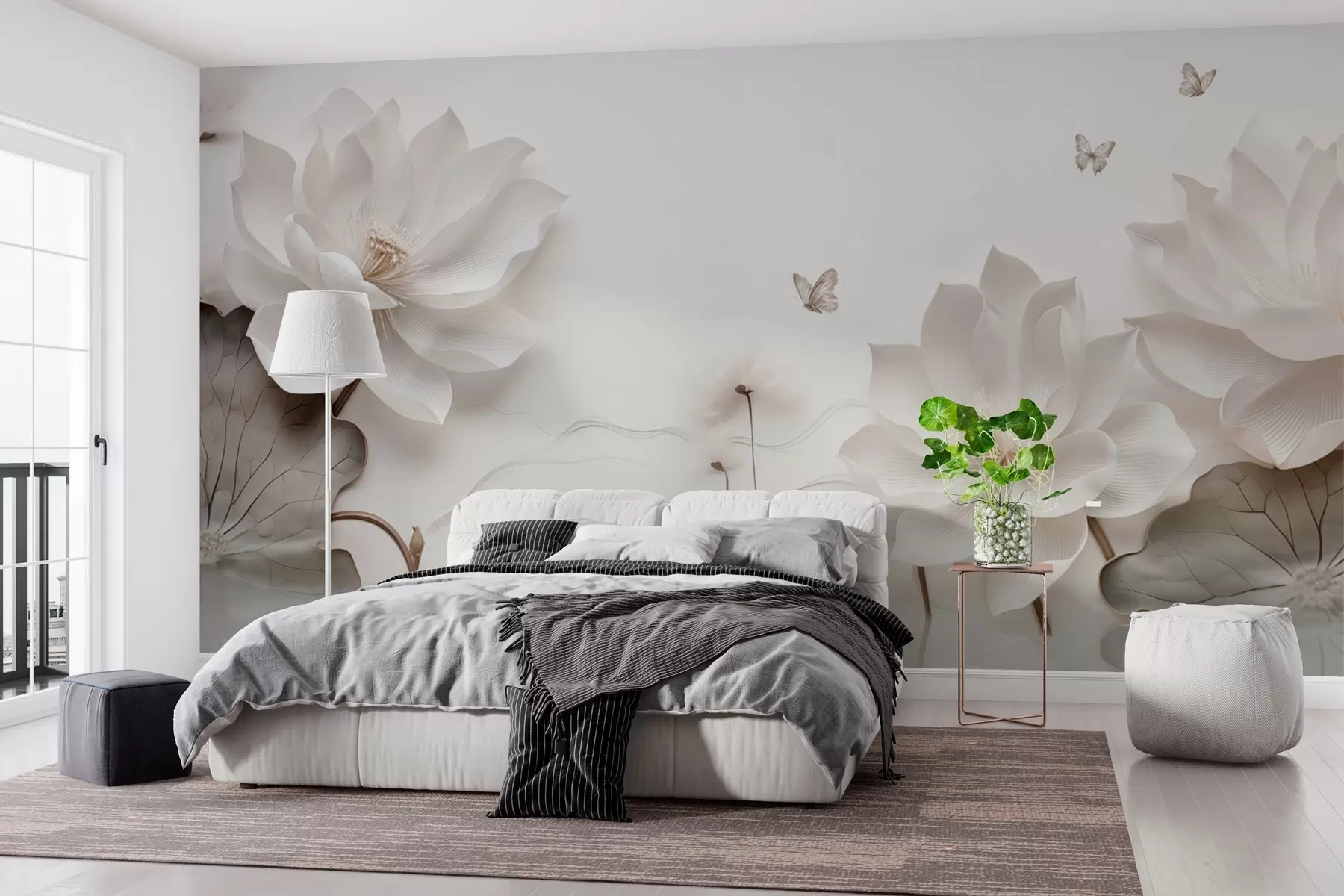 murales de pared Flores de loto con mariposas sobre el agua w03523