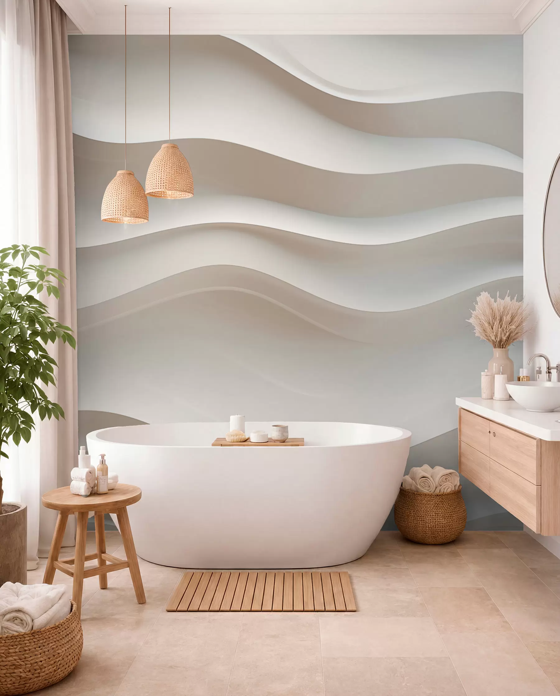 murales de pared ondas blancas y grises en 3D w08939