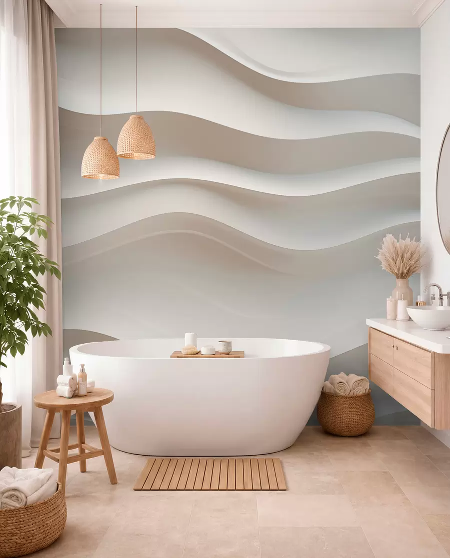murales de pared ondas blancas y grises en 3D w08939