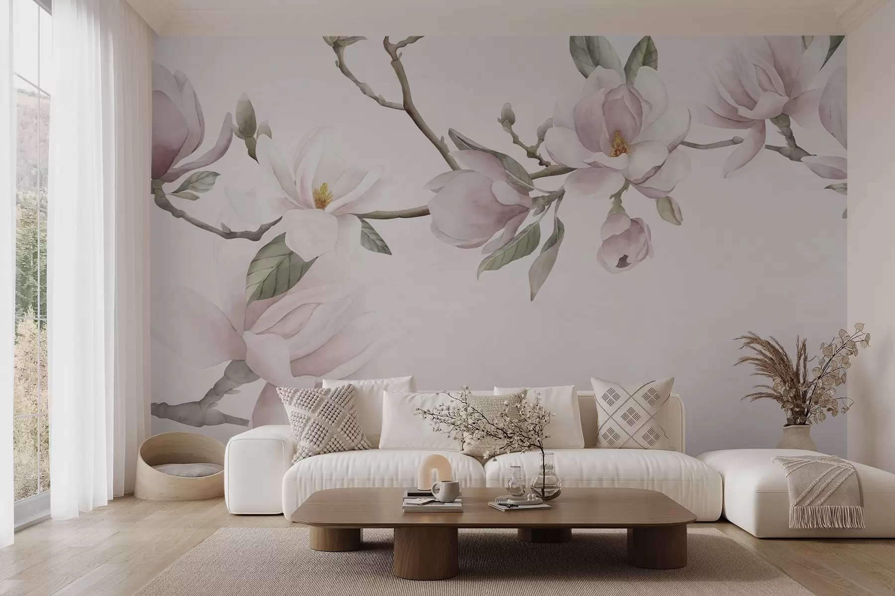 murales de pared Ramas de magnolia en flor en suaves tonos pastel w03542