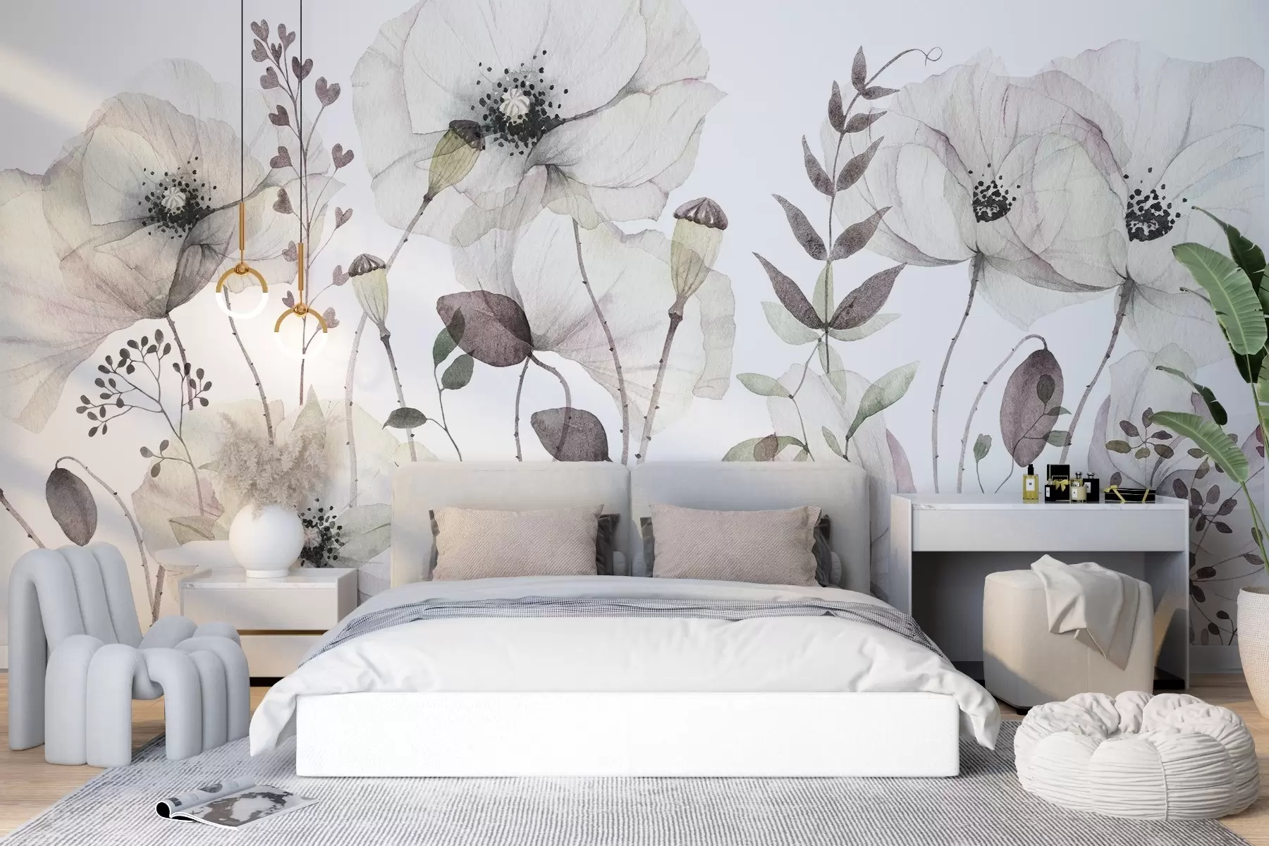 murales de pared Flores silvestres de acuarela en tonos naturales suaves w03543v1