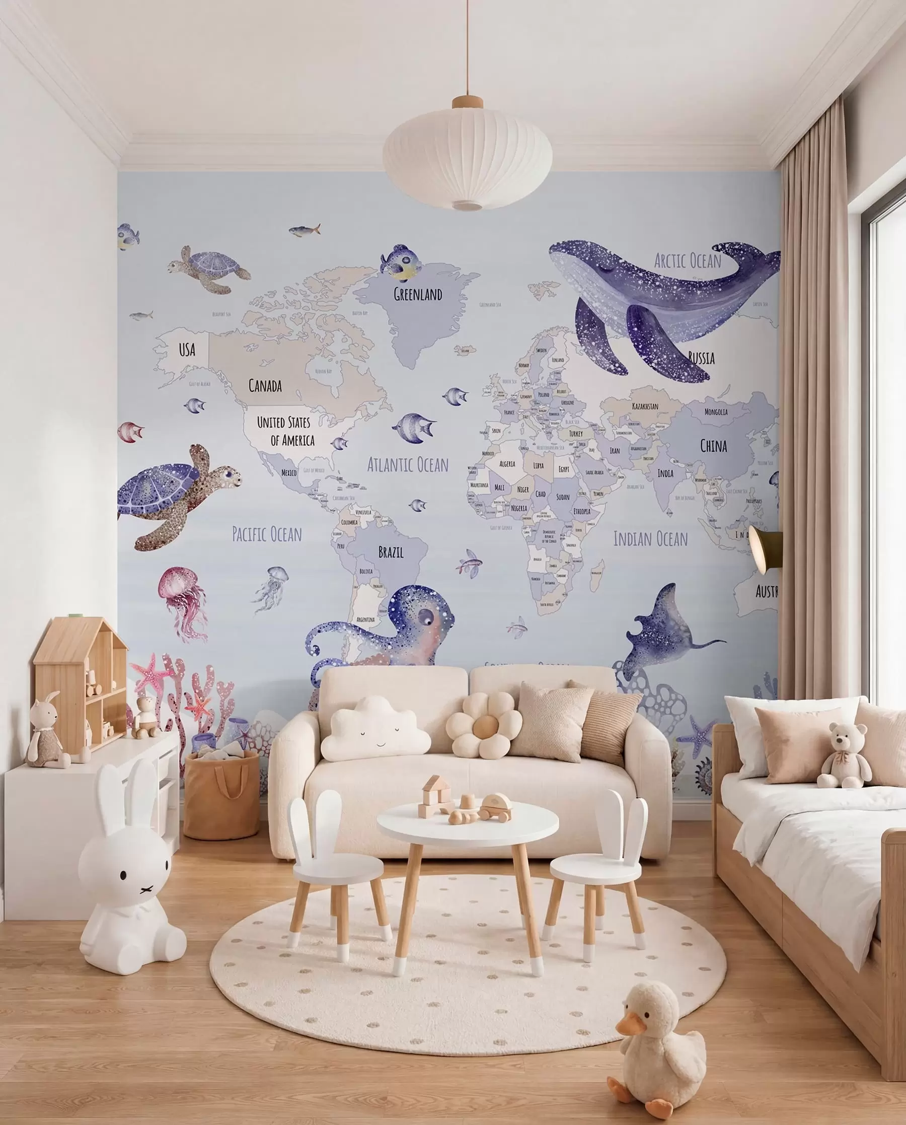 murales de pared Mundo submarino con mapamundi w03526v1