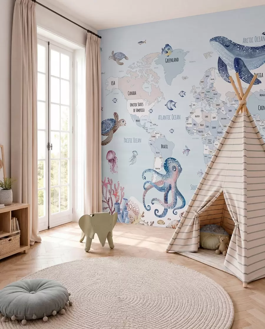 murales de pared Mundo submarino con mapamundi w03526