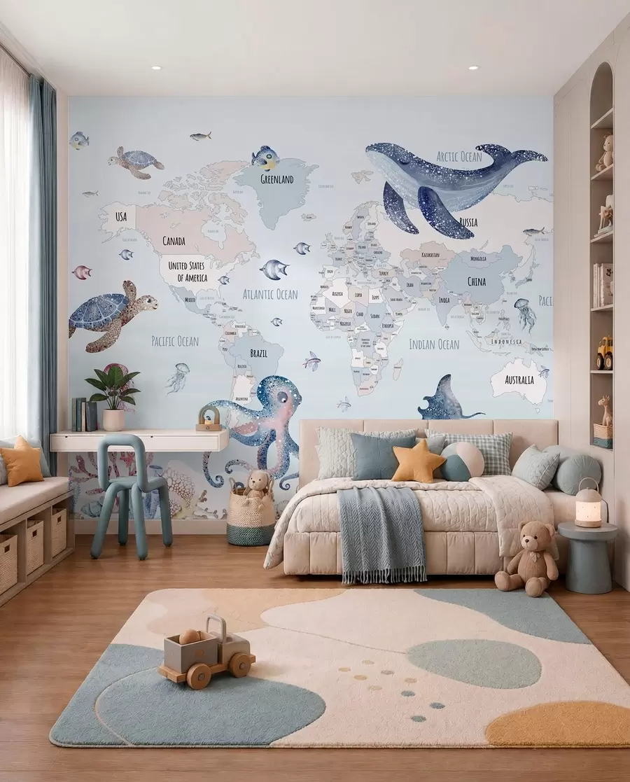 murales de pared Mundo submarino con mapamundi w03526