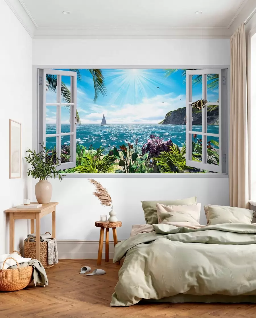 murales de pared Vista desde la ventana al mar y al yate u54608