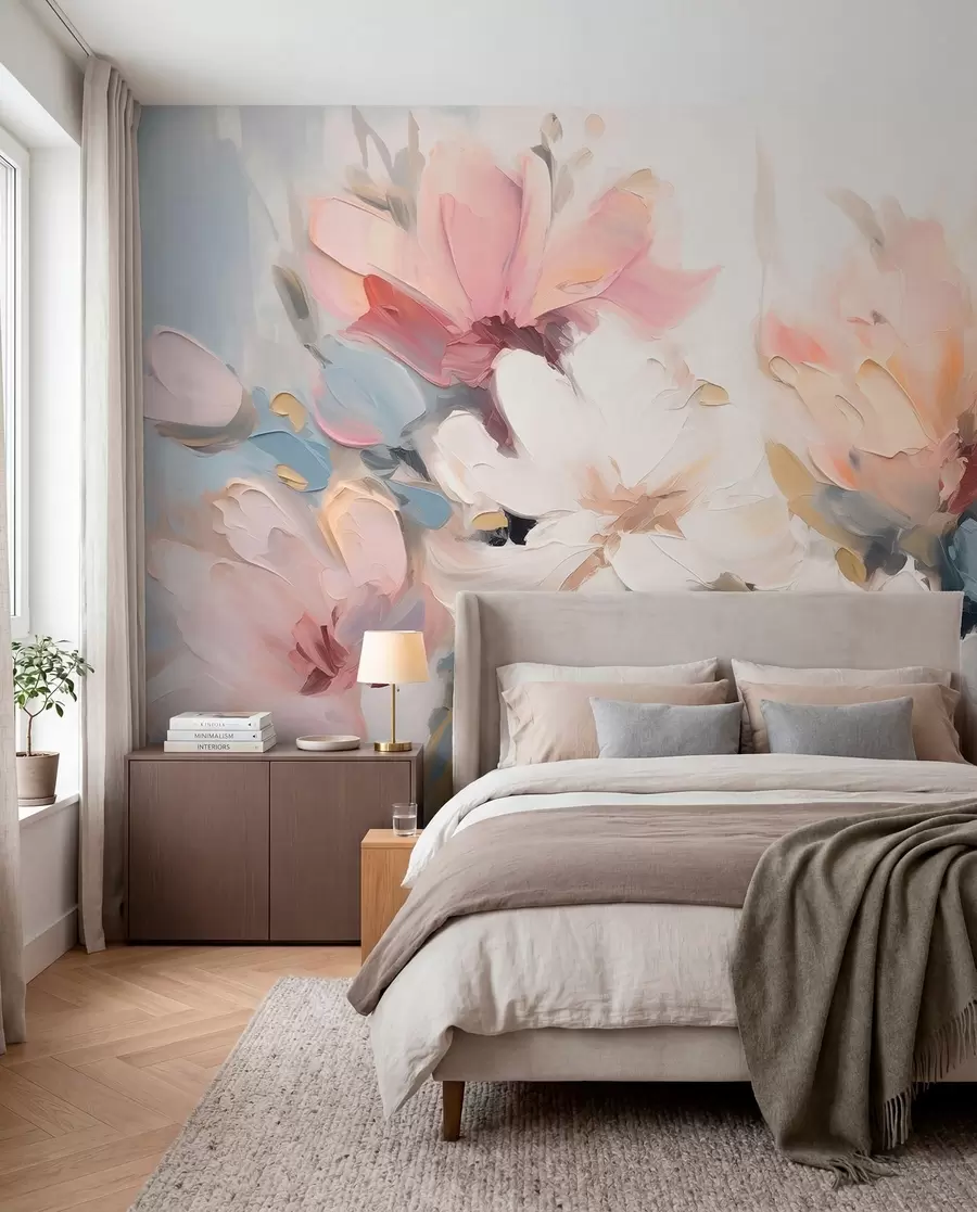 murales de pared Flores abstractas al óleo en tonos suaves w03575