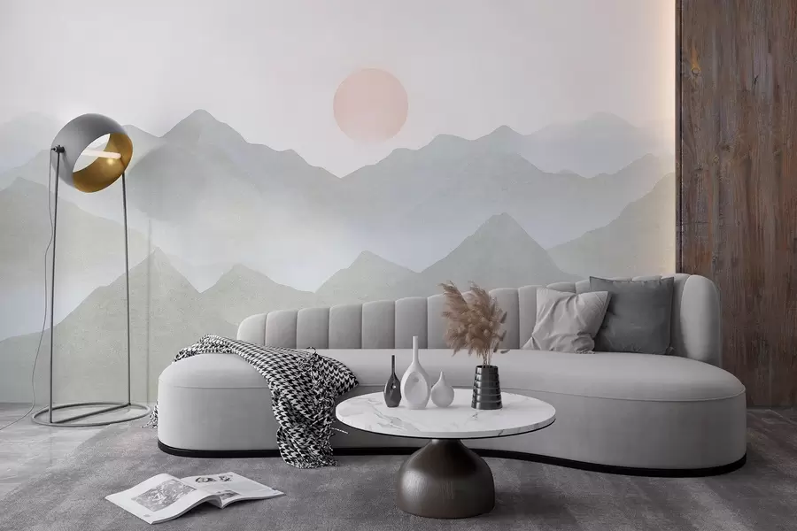 murales de pared Paisaje de montaña estilo boho, puesta de sol, pastel suave, gris w03547v1
