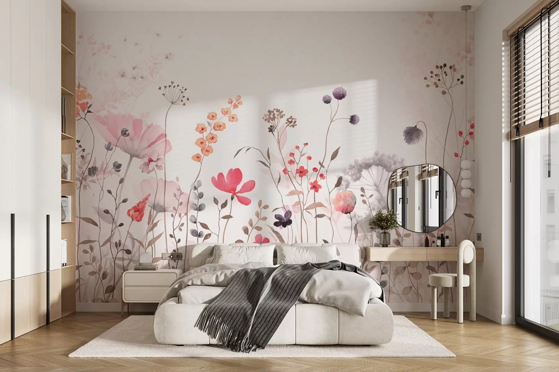 murales de pared Flores silvestres estilo acuarela con amapolas, crisantemos, dientes de león y hierba w08956