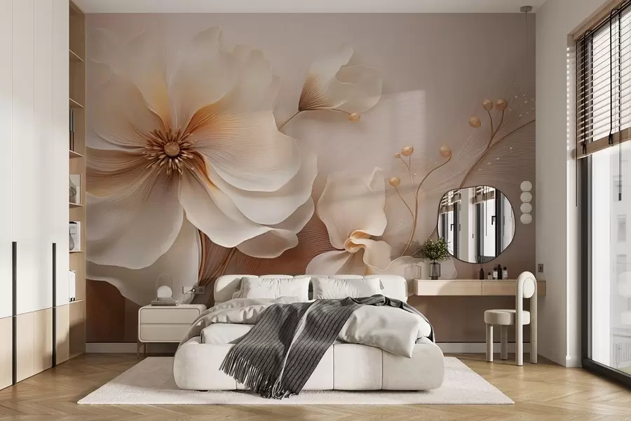 murales de pared Hierbas silvestres beige y marrón claro con flores en tonos beige w08960