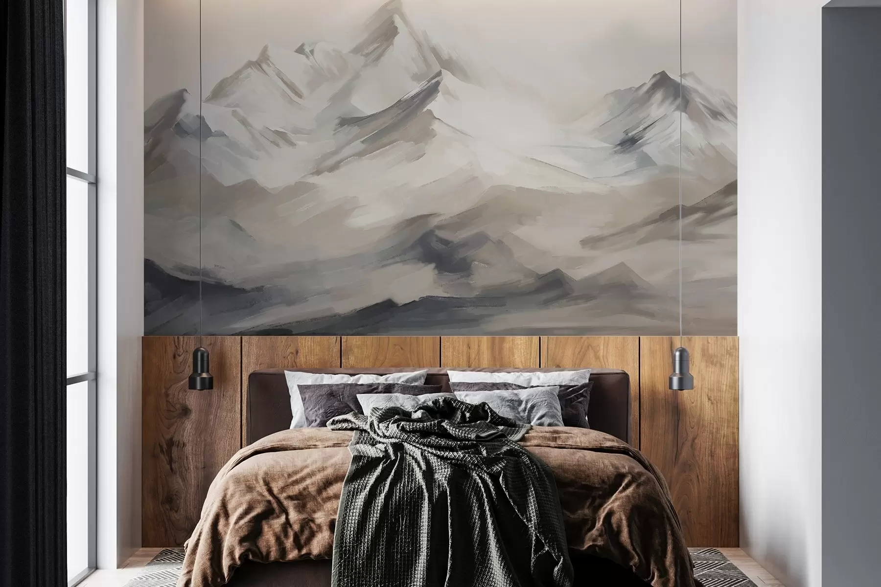 murales de pared Paisaje de montañas con cielo claro, pinceladas, colores neutros beige y gris, cordillera w08980