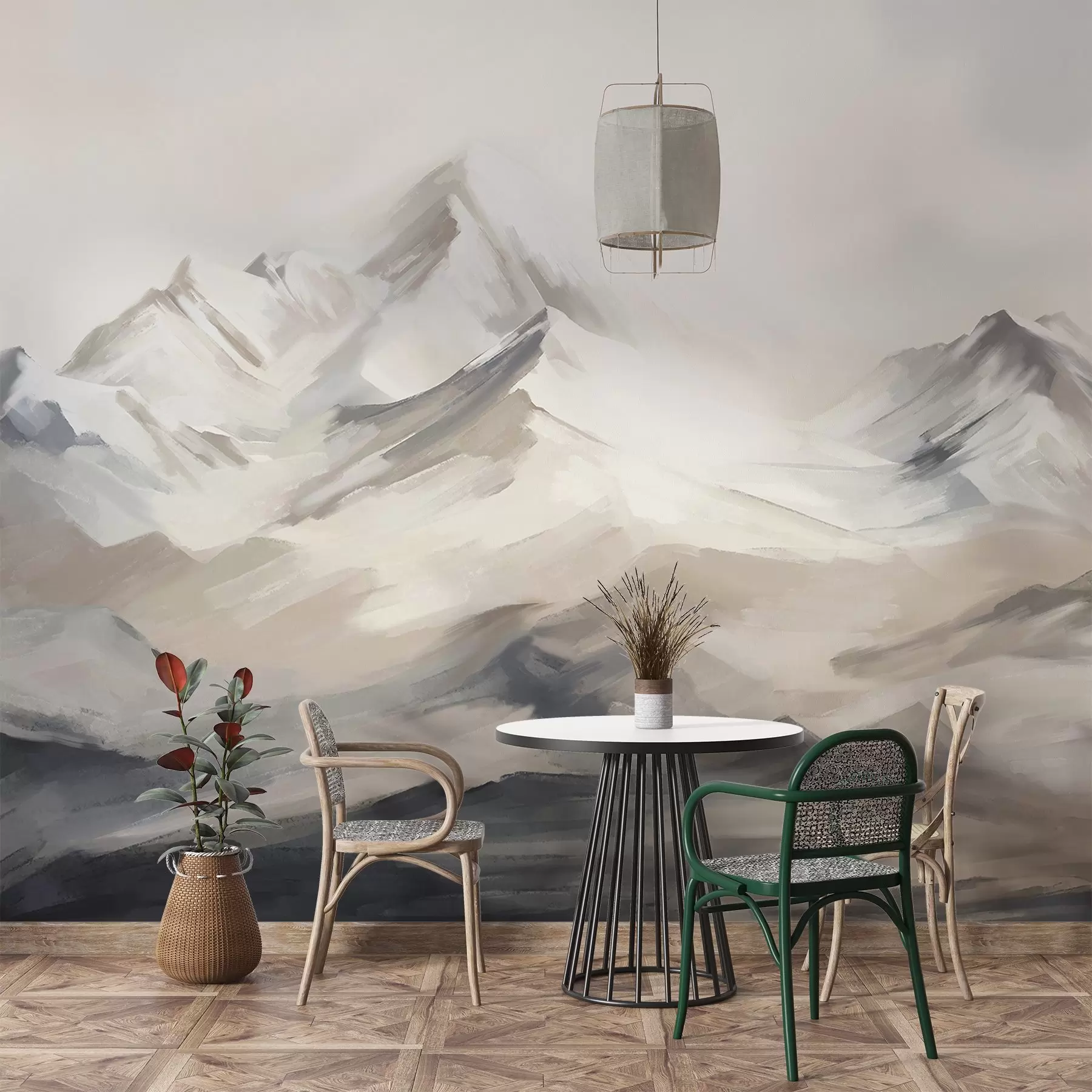 murales de pared Paisaje de montañas con cielo claro, pinceladas, colores neutros beige y gris, cordillera w08980