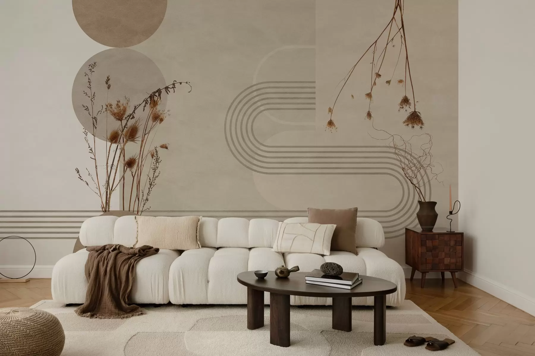 murales de pared geometría elegante y flores secas en tonos beige w03449