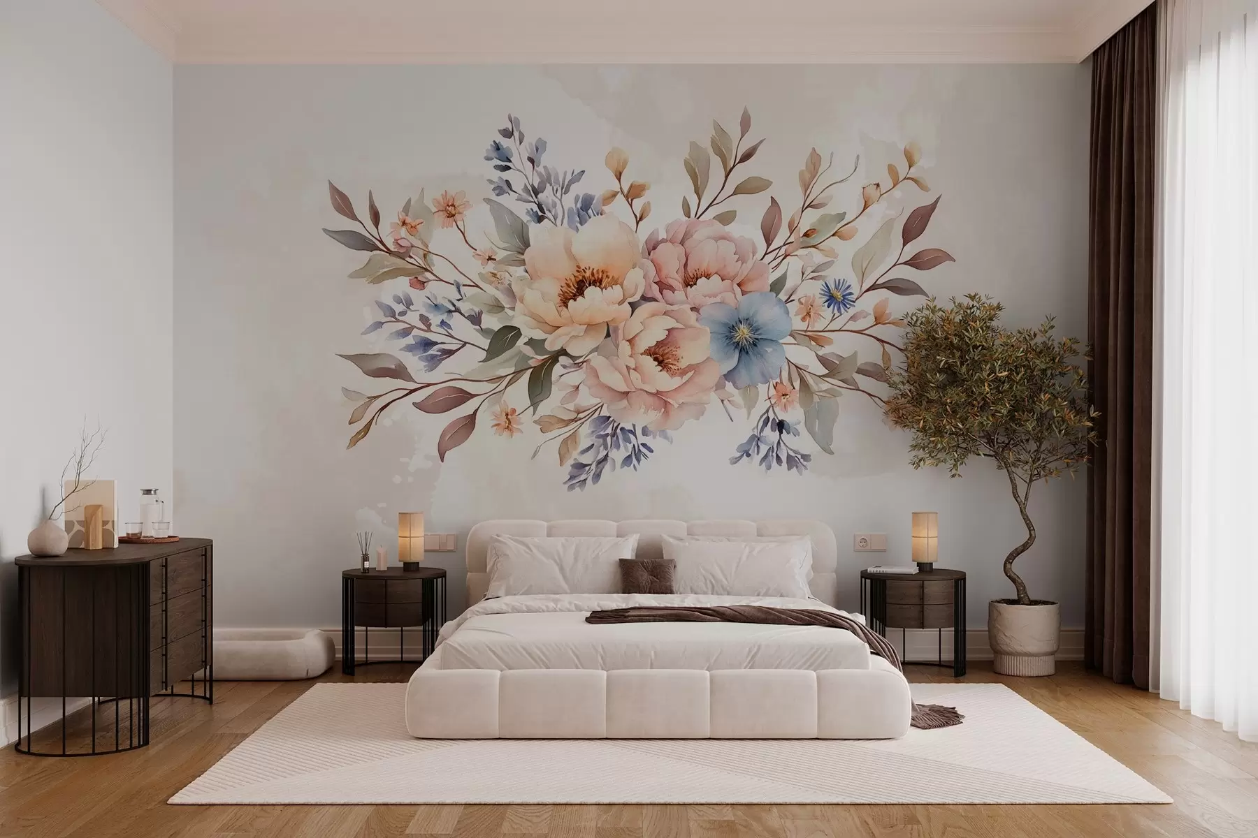 murales de pared un ramo de flores en estilo acuarela en tonos beige w03613