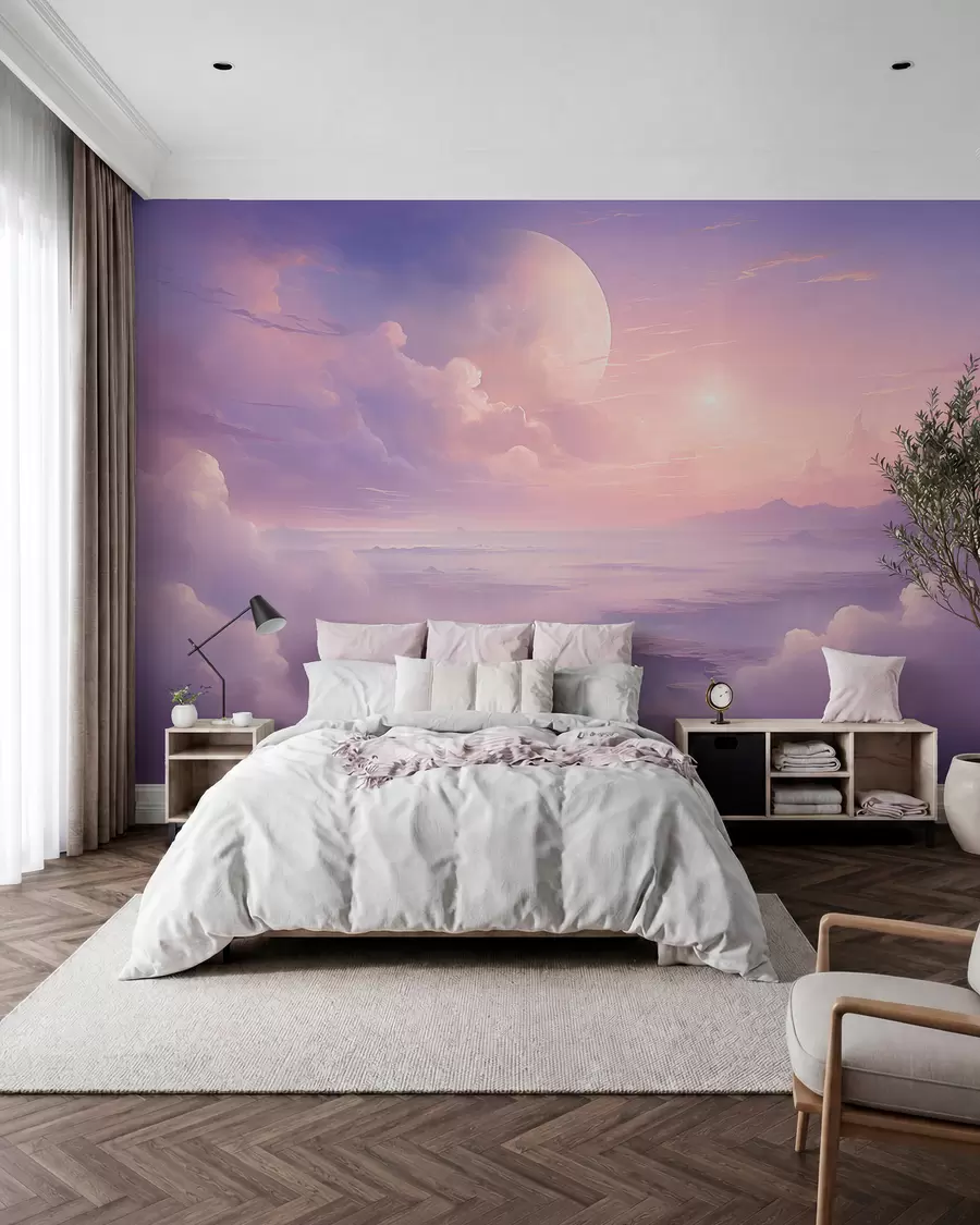 murales de pared Cielo mágico rosa púrpura con la luna y las nubes w08986