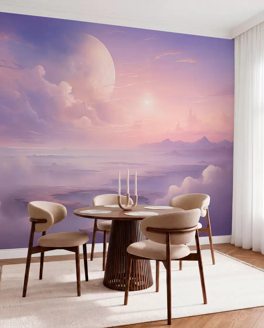 murales de pared Cielo mágico rosa púrpura con la luna y las nubes w08986