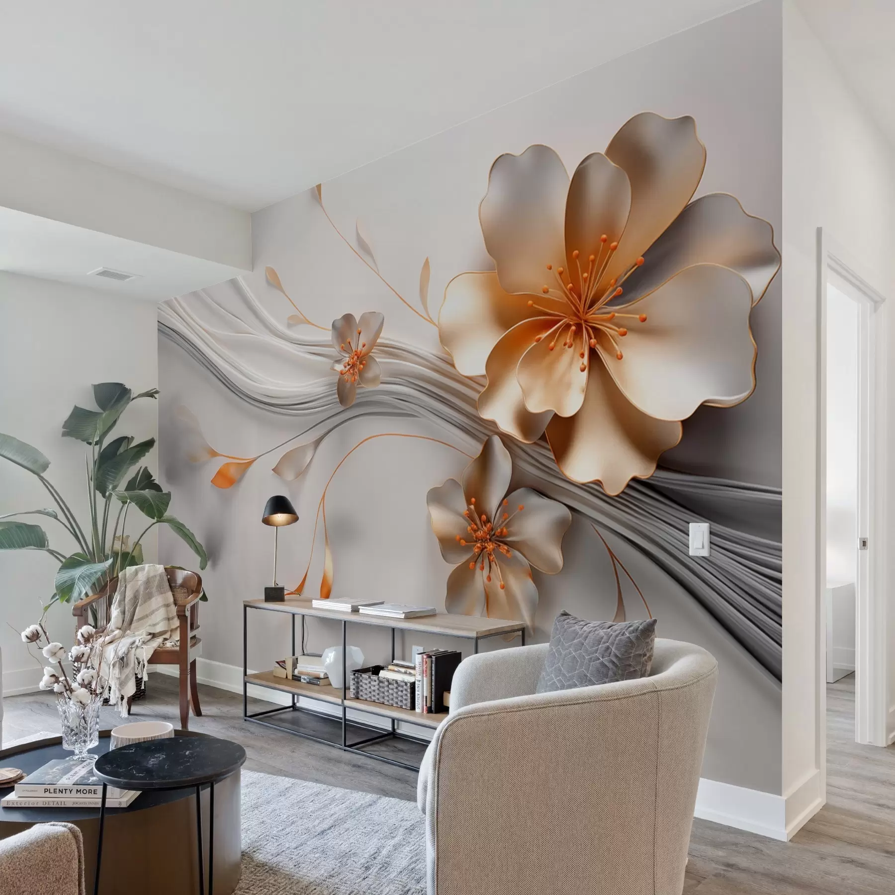 murales de pared Una flor naranja sobre un fondo abstracto gris w09004