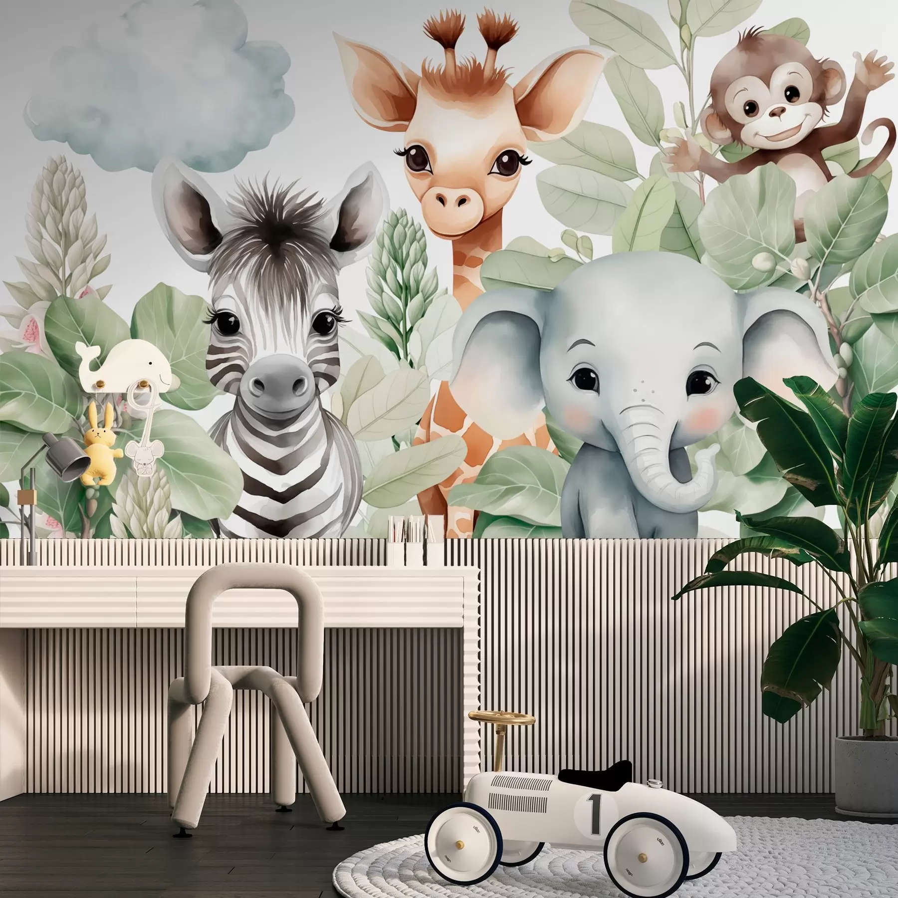 murales de pared Jirafa, cebra, elefante y mono entre el follaje w03677