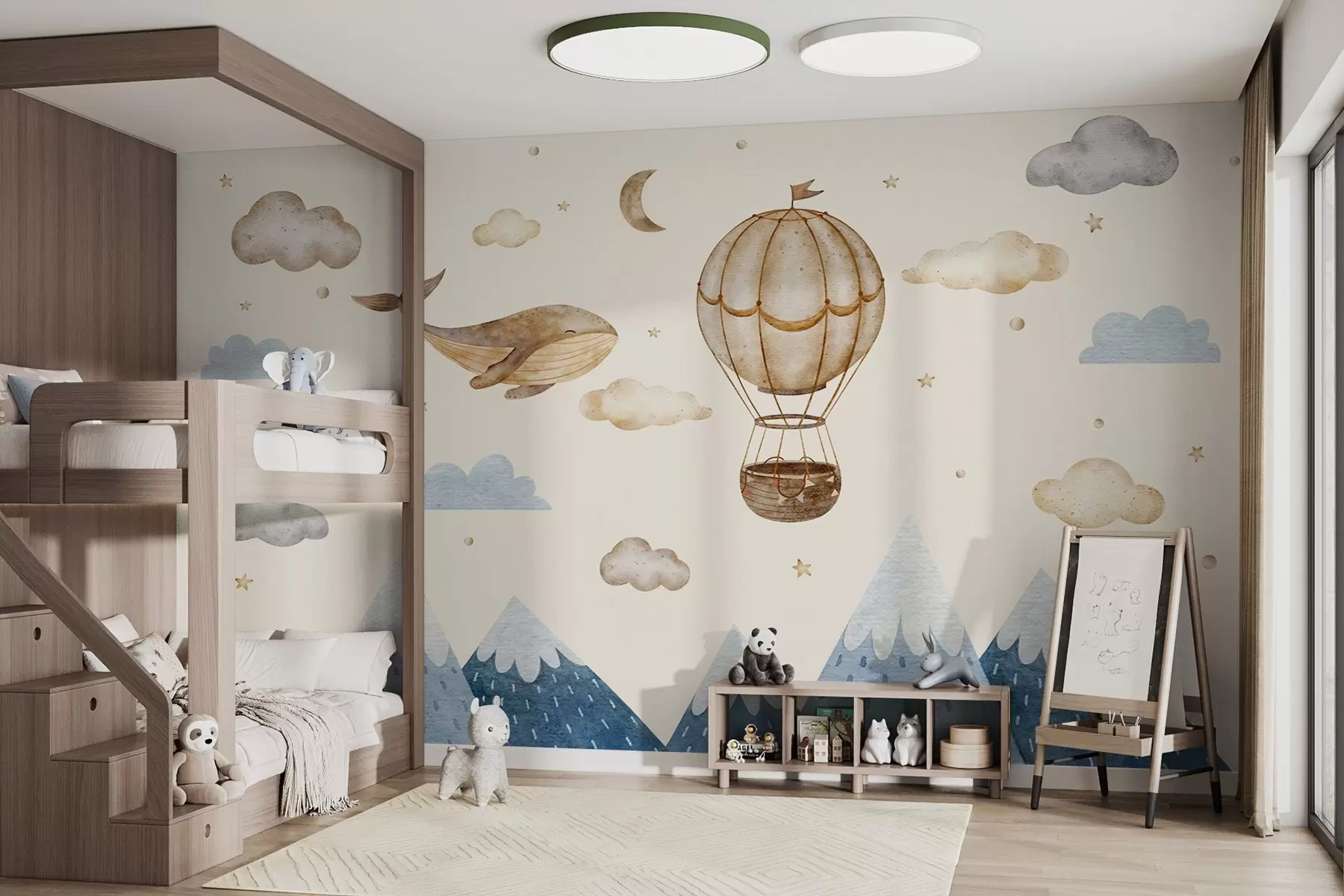 murales de pared Globo de aire, linda ballena, cielo estrellado, montañas, acuarela, colores azul y beige w03672