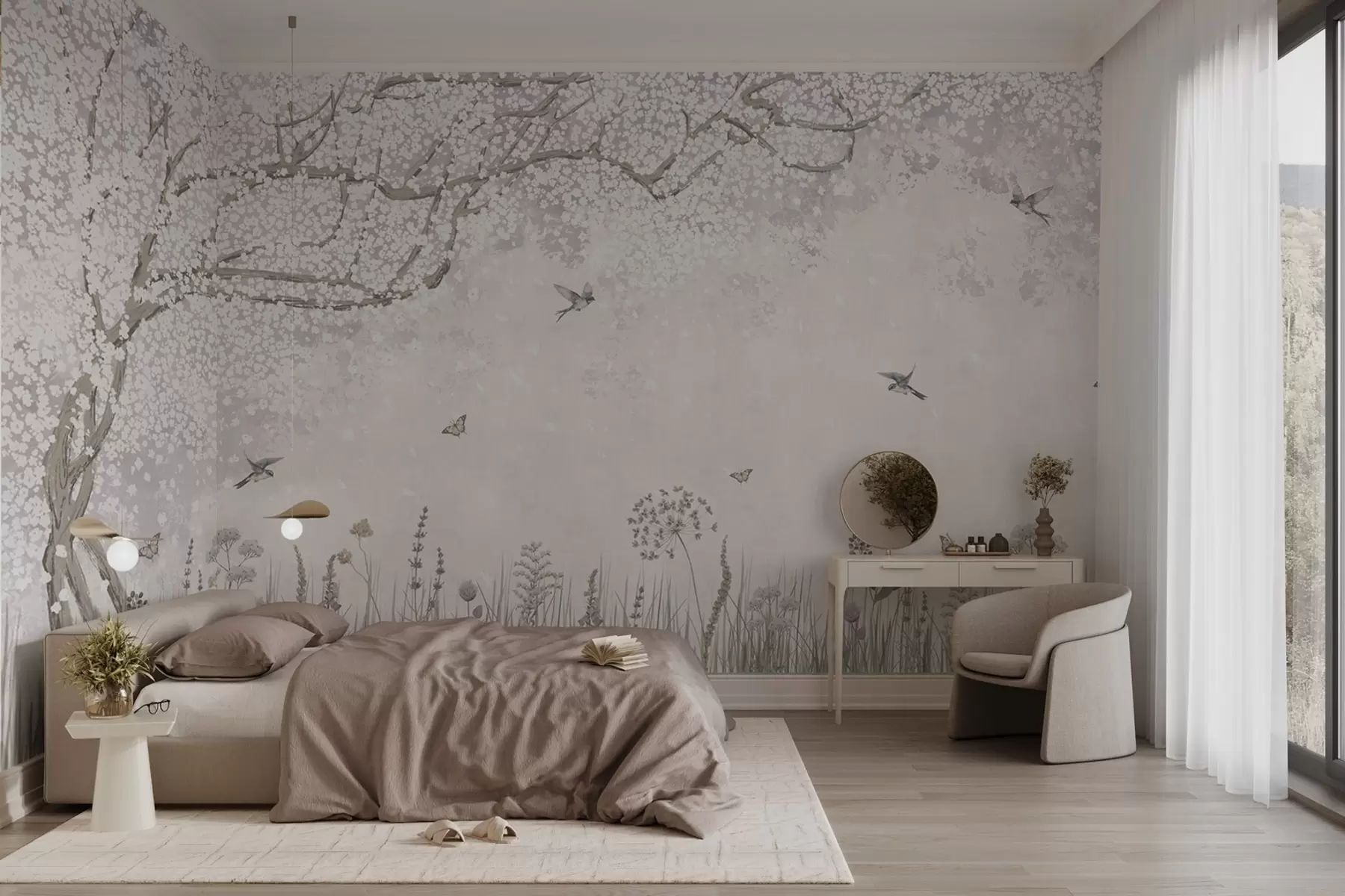 murales de pared Árbol en flor con flores silvestres y pájaros w03700