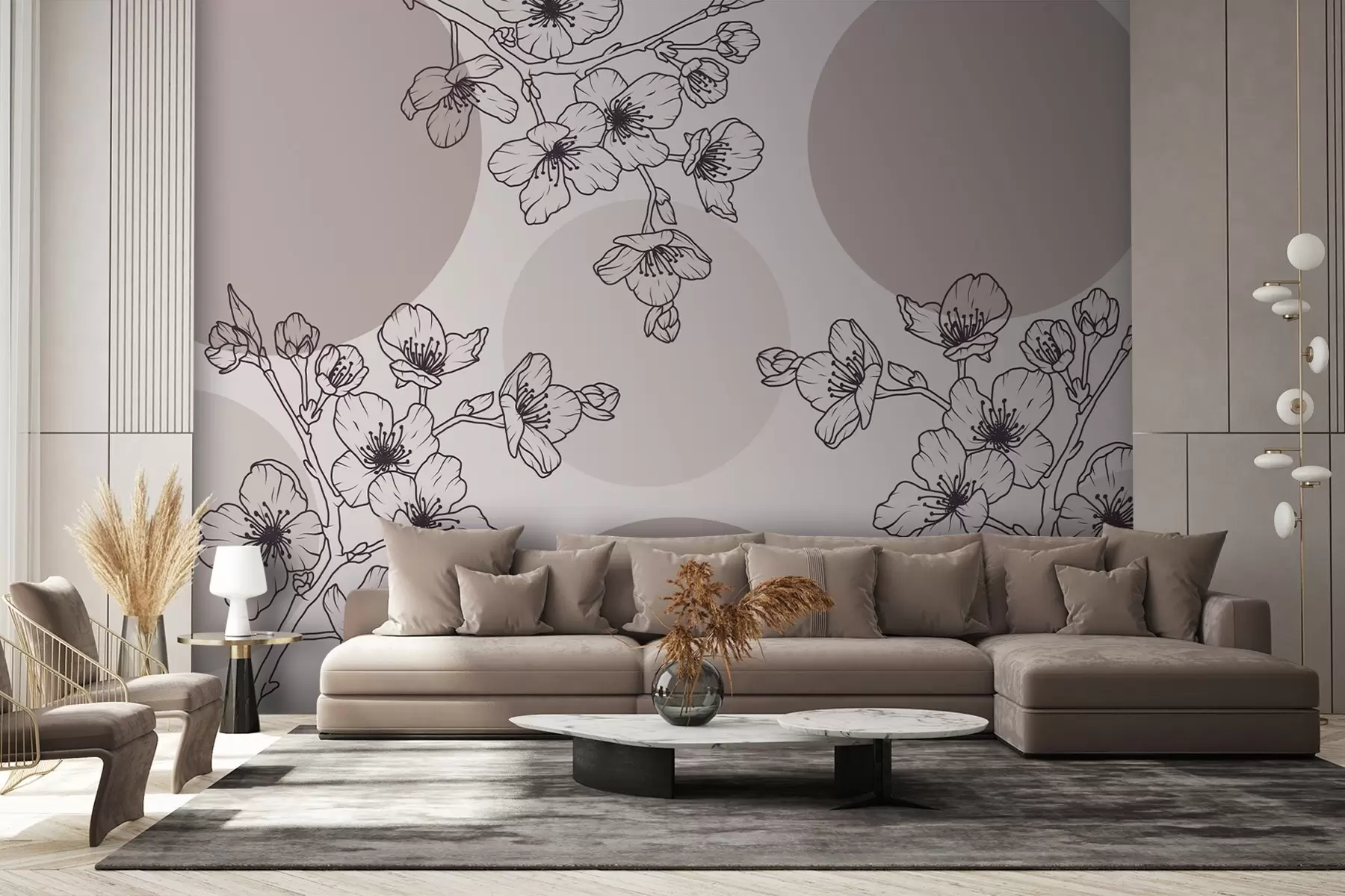 murales de pared Ramas con flores sobre círculos de color en tonos marrones w03712
