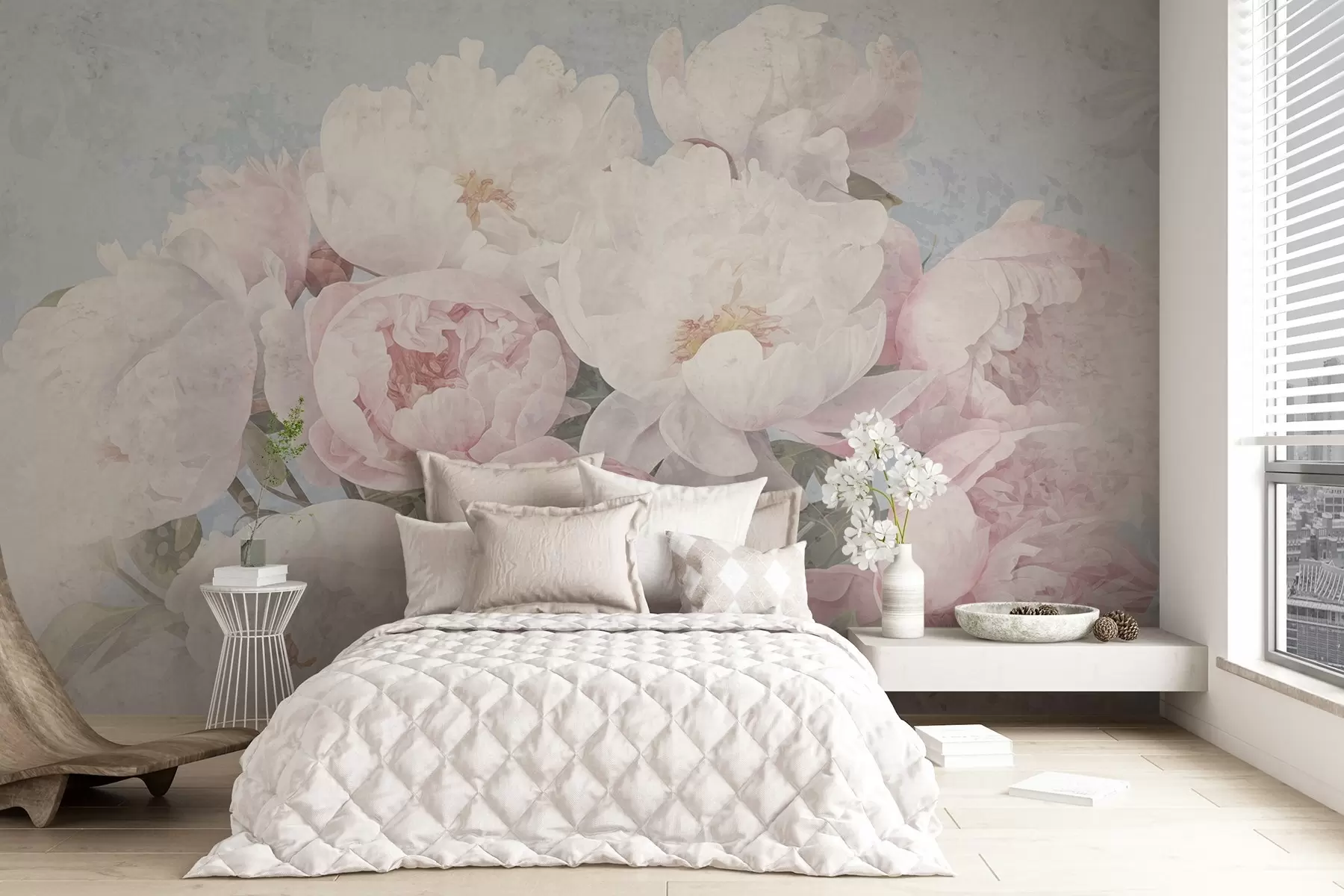murales de pared Textura abstracta de peonías rosas y blancas con hojas verdes, fondo azul claro, colores suaves y delicados, estilo vintage w09008
