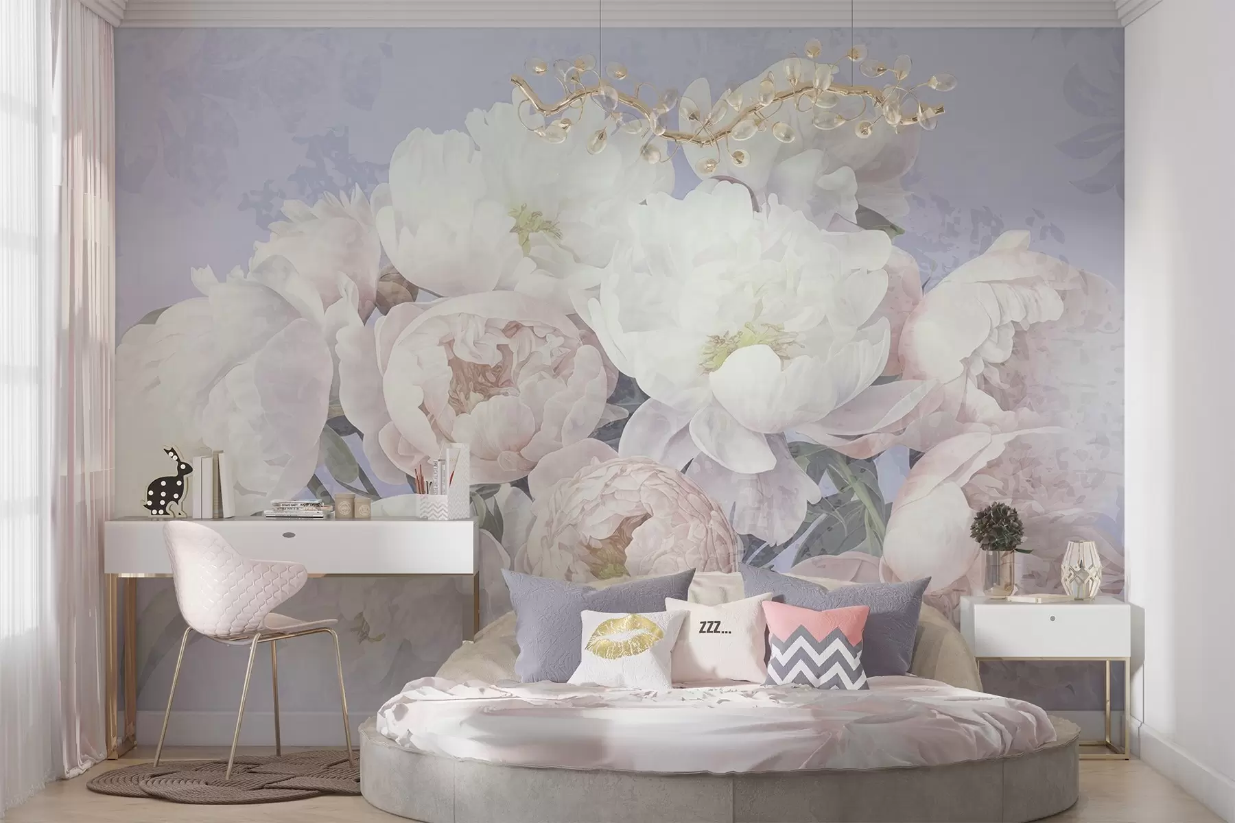 murales de pared Peonías abstractas en melocotón y blanco con hojas verdes, fondo claro, colores suaves y delicados, estilo vintage w09008v1