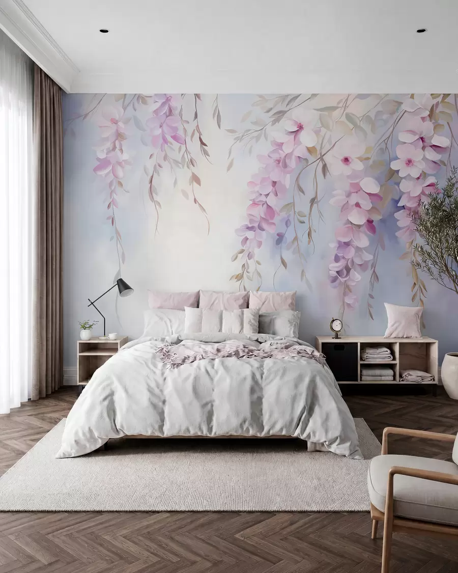 murales de pared Flores de glicinia con pétalos lilas y hojas verdes colgando de las ramas, suaves colores pastel, fondo color pastel w09010