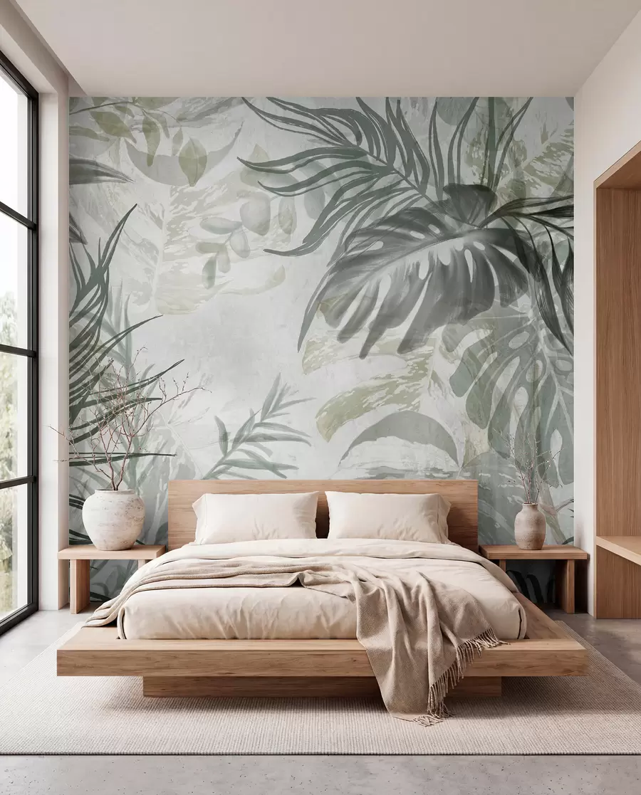 murales de pared Monstera y hojas de palma en tonos de verde y gris, botánico, follaje tropical, plantas de la selva, fondo texturizado w09011