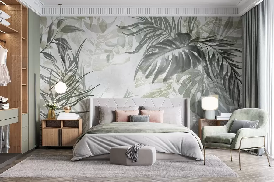 murales de pared Monstera y hojas de palma en tonos de verde y gris, botánico, follaje tropical, plantas de la selva, fondo texturizado w09011