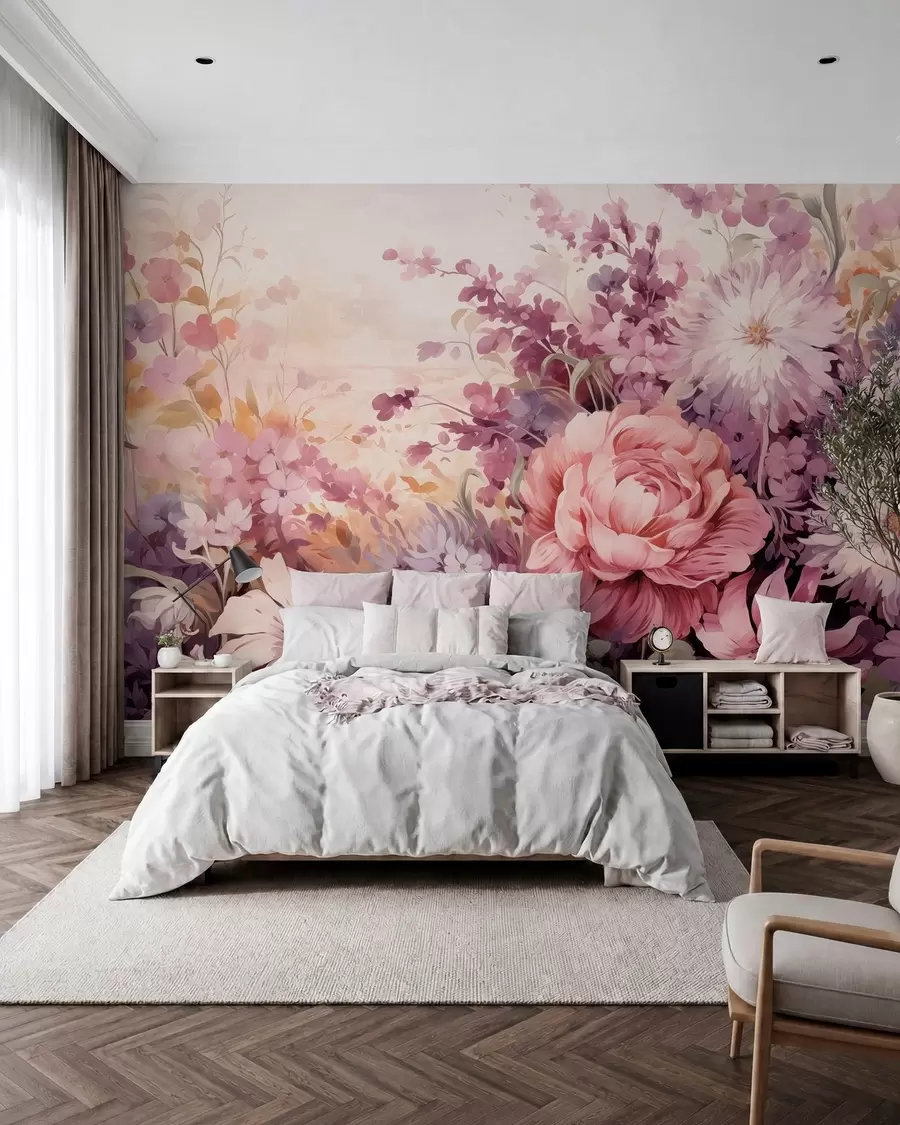 murales de pared Flores coloridas en tonos rosas y morados: lilas, peonías, crisantemos w09039