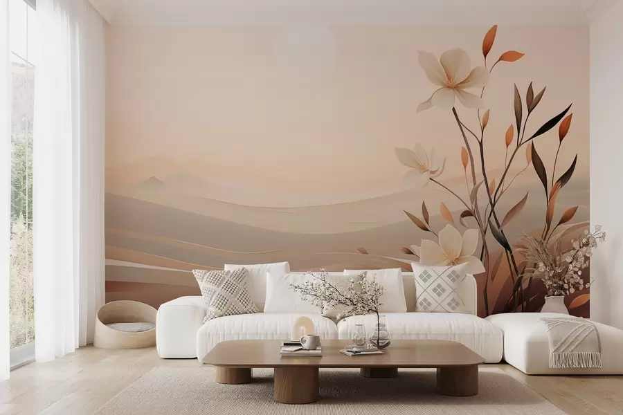 murales de pared Flor creciente sobre un fondo de desierto y montañas w09044