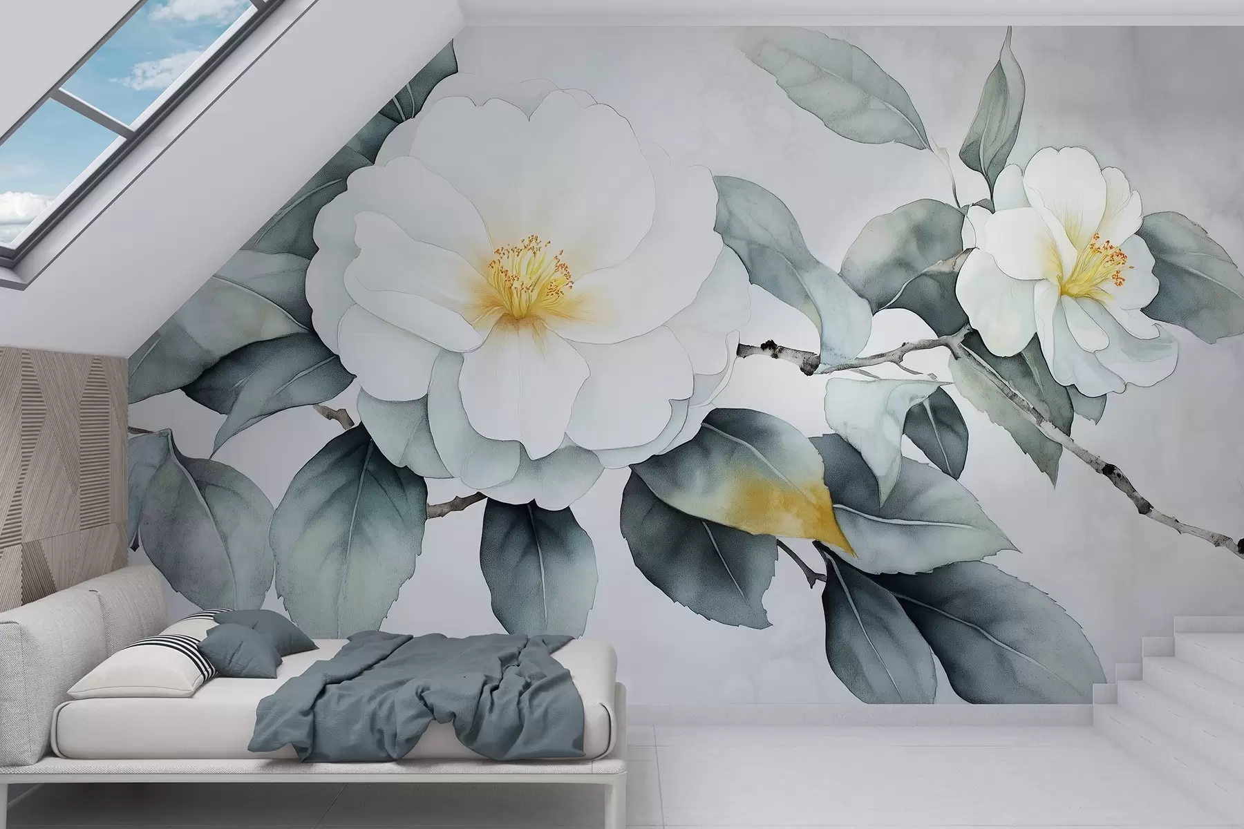 murales de pared Flores de camelia estilo acuarela en la rama, colores naturales w03761