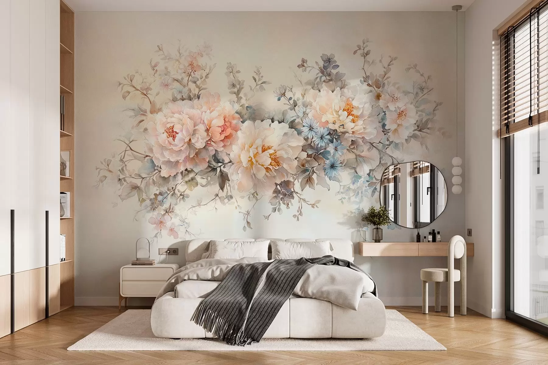 murales de pared delicadas flores estilo acuarela en tonos pastel rosa, beige y azul w03724