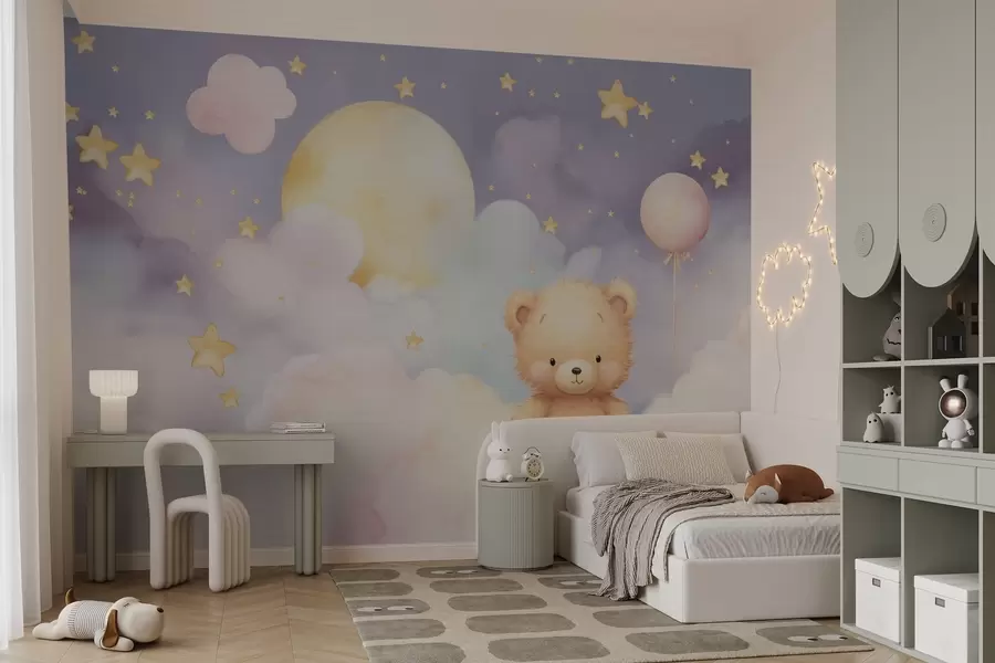 murales de pared Bonito oso en una nube con luna y estrellas w03864