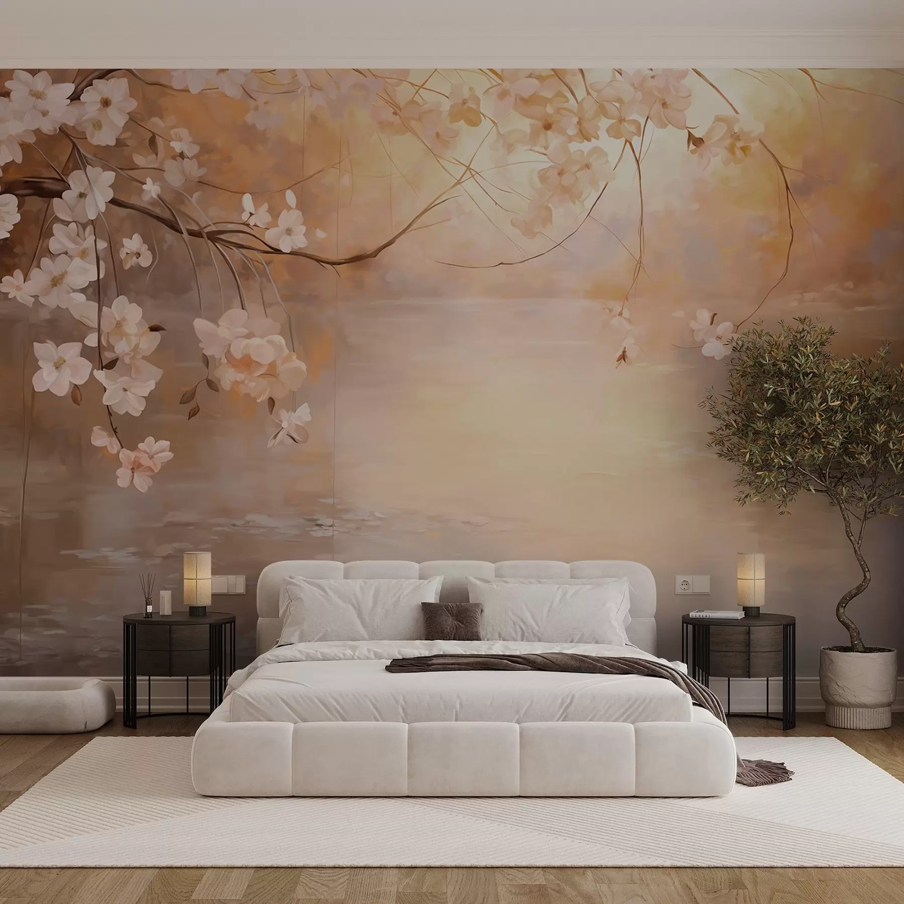murales de pared Arte abstracto del paisaje con la rama de la flor y las flores blancas que cuelgan sobre un lago, colores pastel suaves w09046