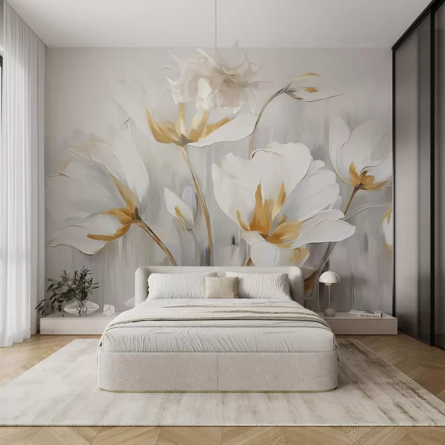 murales de pared Flores abstractas blancas con pétalos y tallos blancos sobre fondo gris con pinceladas verticales grises y blancas w09047
