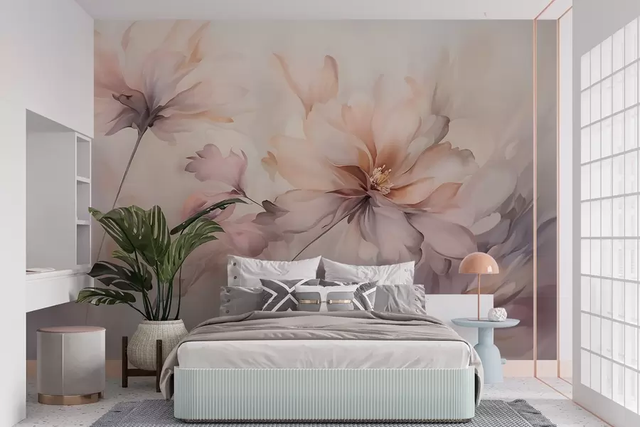 murales de pared Un delicado arte floral con grandes flores de colores pastel con pétalos translúcidos, tallos suaves y un suave fondo difuminado w09050