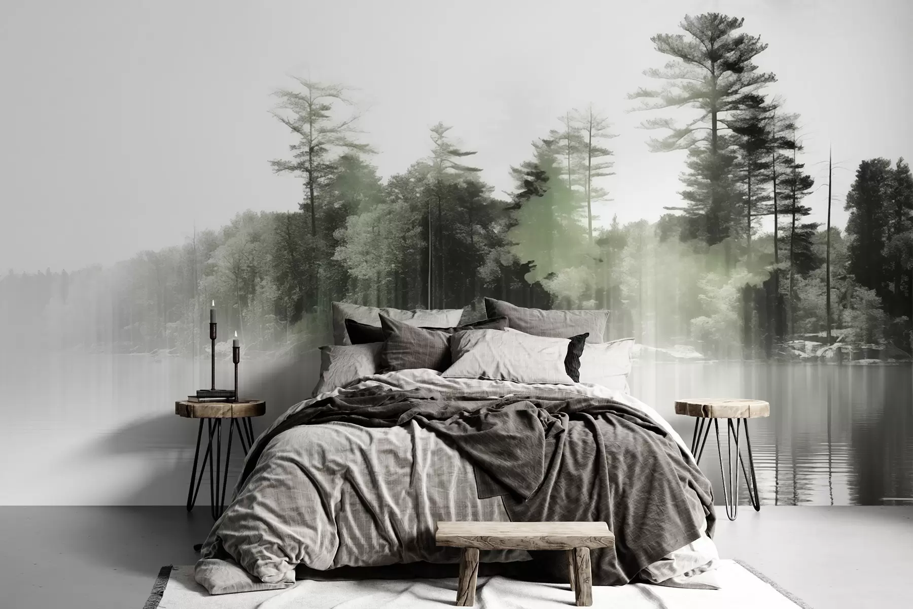 murales de pared Paisaje abstracto minimalista texturizado con un lago y árboles reflejados en el agua en tonos verdes y blancos w09058